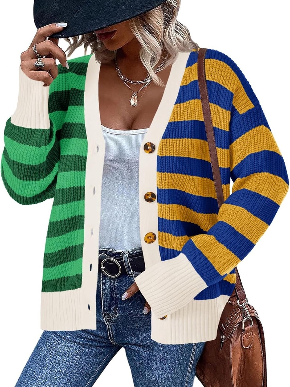 Source Unknown Striped V-Neck Button Cardigan - Green, Blue & Yellow